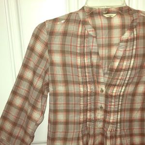 2/$20 Fossil Brown Orange Cream Plaid Fall Lightweight Top